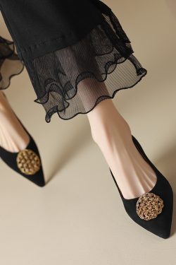 Floral Pointed Toe Flats for Women - Genuine Leather, Retro Style, Thin High Heels, 2025 Fashion Trend