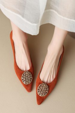 Floral Pointed Toe Flats for Women - Genuine Leather, Retro Style, Thin High Heels, 2025 Fashion Trend