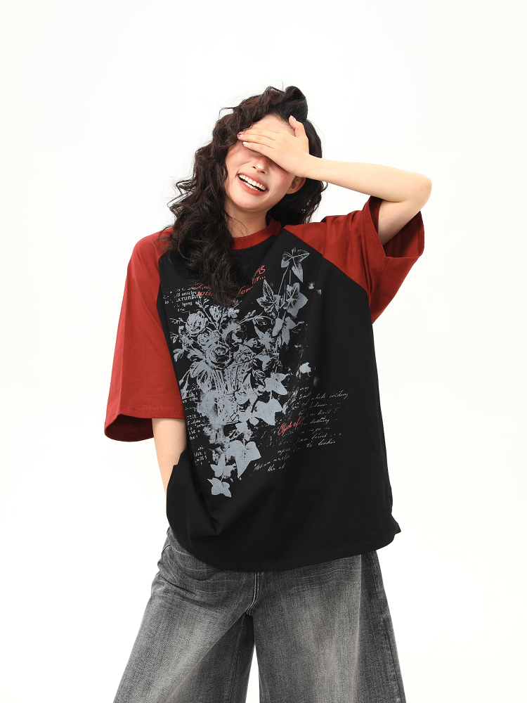 Floral Printed Color-Blocking Raglan Short Sleeve T-Shirt for Women - Trendy Summer Loose Fit American Retro Style Tee Floral Printed Color-Blocking Raglan Short Sleeve T-Shirt for Women - Trendy Summer Loose Fit American Retro Style Tee