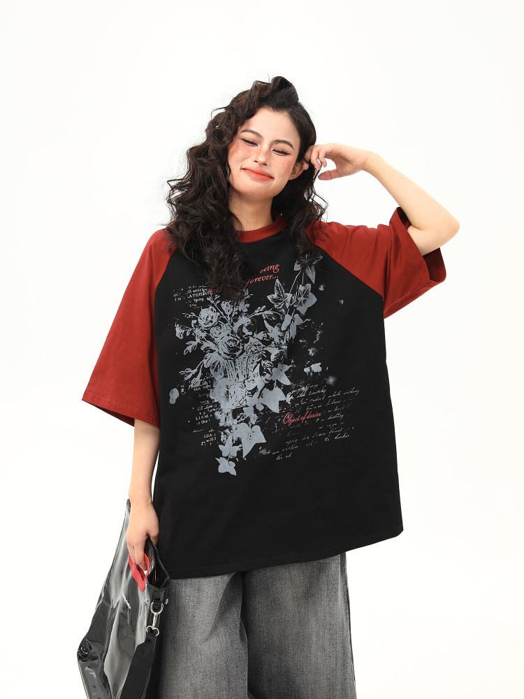 Floral Printed Color-Blocking Raglan Short Sleeve T-Shirt for Women - Trendy Summer Loose Fit American Retro Style Tee Floral Printed Color-Blocking Raglan Short Sleeve T-Shirt for Women - Trendy Summer Loose Fit American Retro Style Tee