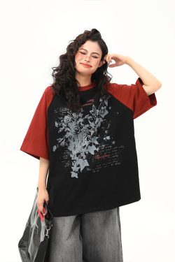 Floral Printed Color-Blocking Raglan Short Sleeve T-Shirt for Women - Trendy Summer Loose Fit American Retro Style Tee