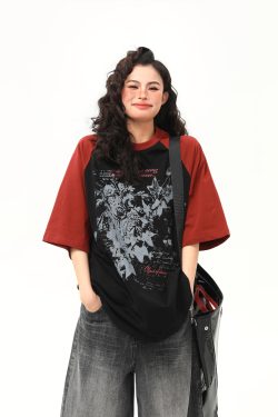 Floral Printed Color-Blocking Raglan Short Sleeve T-Shirt for Women - Trendy Summer Loose Fit American Retro Style Tee