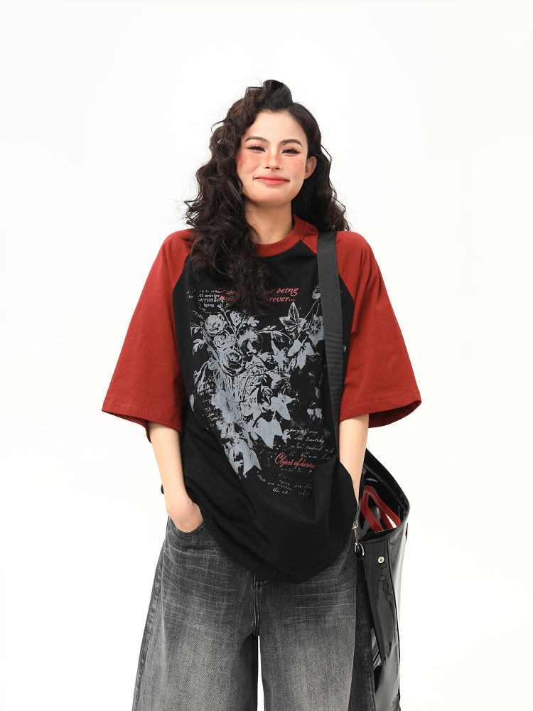 Floral Printed Color-Blocking Raglan Short Sleeve T-Shirt for Women - Trendy Summer Loose Fit American Retro Style Tee Floral Printed Color-Blocking Raglan Short Sleeve T-Shirt for Women - Trendy Summer Loose Fit American Retro Style Tee