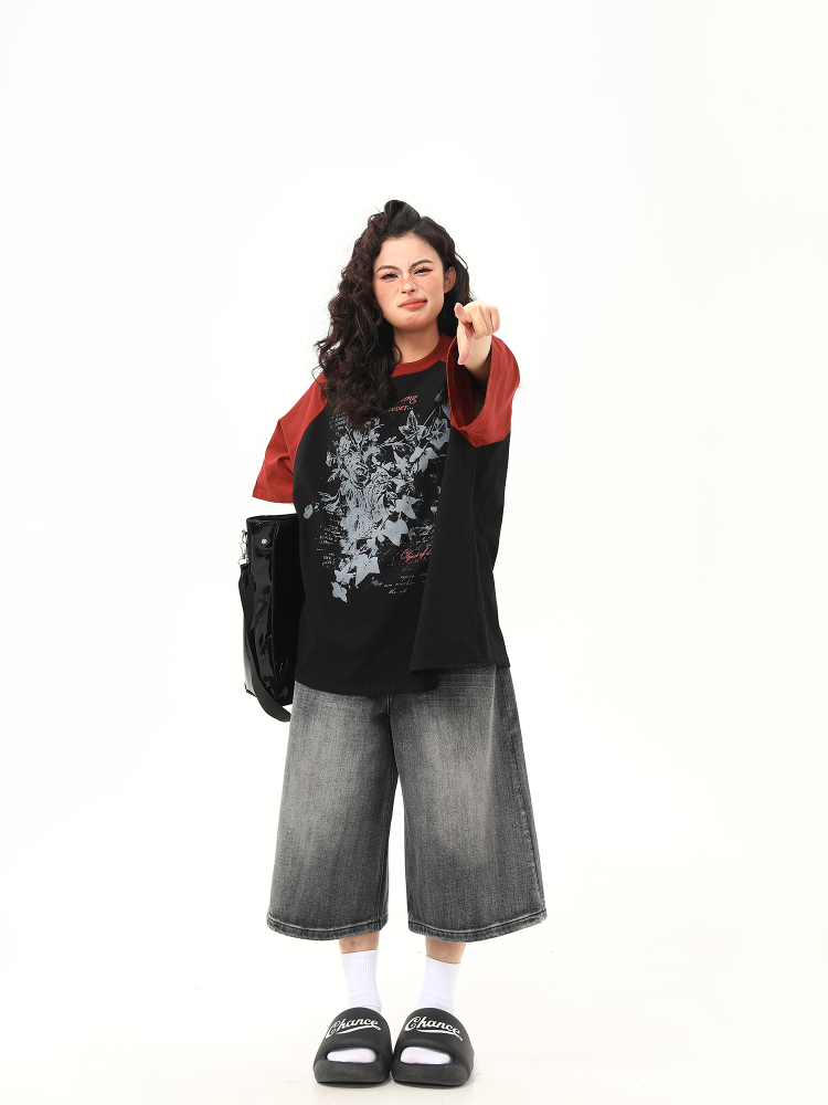 Floral Printed Color-Blocking Raglan Short Sleeve T-Shirt for Women - Trendy Summer Loose Fit American Retro Style Tee Floral Printed Color-Blocking Raglan Short Sleeve T-Shirt for Women - Trendy Summer Loose Fit American Retro Style Tee