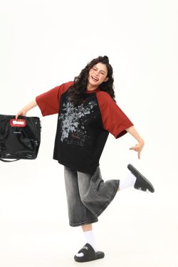 Floral Printed Color-Blocking Raglan Short Sleeve T-Shirt for Women - Trendy Summer Loose Fit American Retro Style Tee