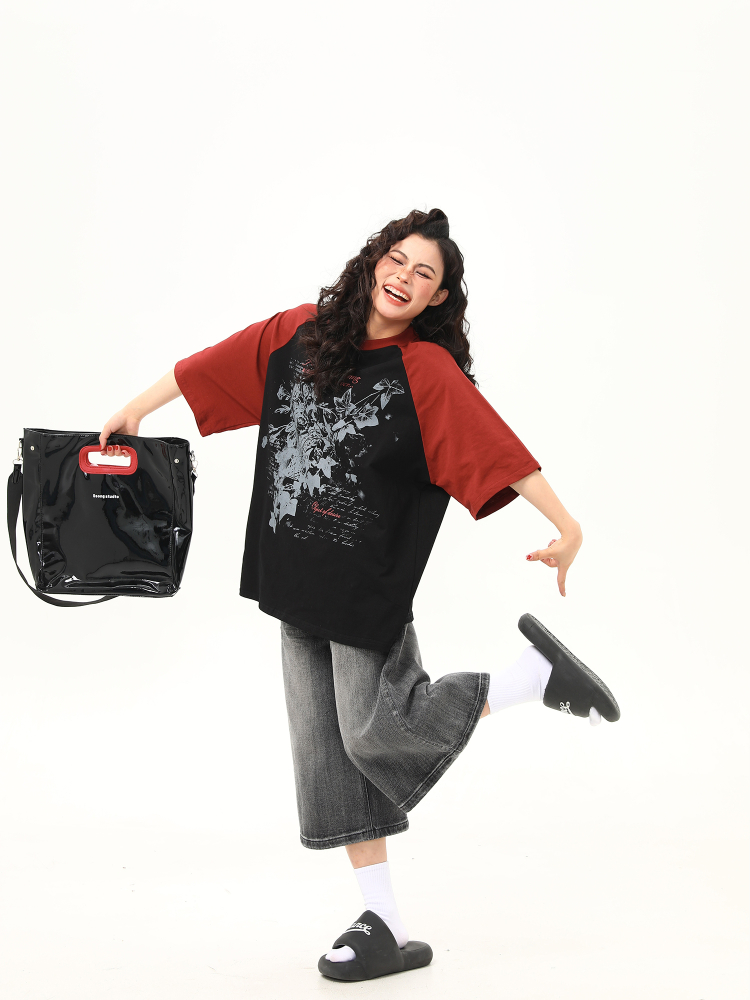 Floral Printed Color-Blocking Raglan Short Sleeve T-Shirt for Women - Trendy Summer Loose Fit American Retro Style Tee Floral Printed Color-Blocking Raglan Short Sleeve T-Shirt for Women - Trendy Summer Loose Fit American Retro Style Tee