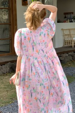 Floral Puff Sleeve A-Line Dress - Women's Vintage Summer Dress with Loose Fit, Romantic Style, Perfect for 90s and Y2K Looks