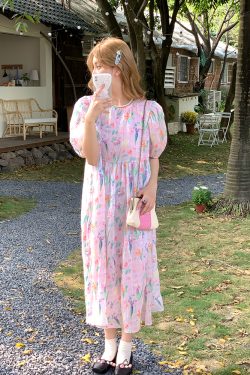 Floral Puff Sleeve A-Line Dress - Women's Vintage Summer Dress with Loose Fit, Romantic Style, Perfect for 90s and Y2K Looks