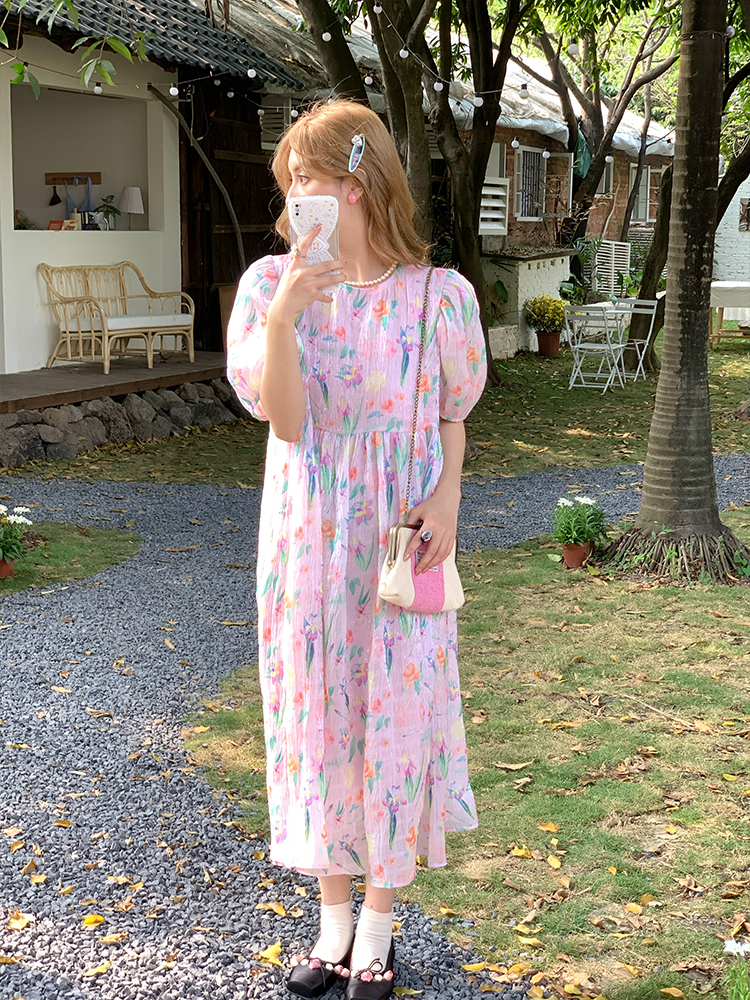 Floral Puff Sleeve A-Line Dress - Women's Vintage Summer Dress with Loose Fit, Romantic Style, Perfect for 90s and Y2K Looks Floral Puff Sleeve A-Line Dress - Women's Vintage Summer Dress with Loose Fit, Romantic Style, Perfect for 90s and Y2K Looks