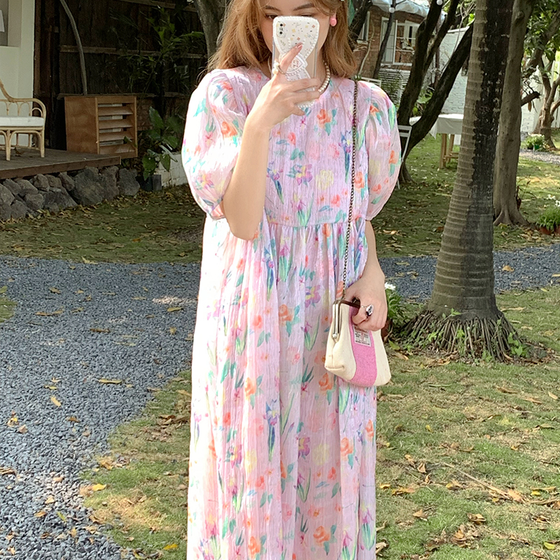 Floral Puff Sleeve A-Line Dress - Women's Vintage Summer Dress with Loose Fit, Romantic Style, Perfect for 90s and Y2K Looks Floral Puff Sleeve A-Line Dress - Women's Vintage Summer Dress with Loose Fit, Romantic Style, Perfect for 90s and Y2K Looks