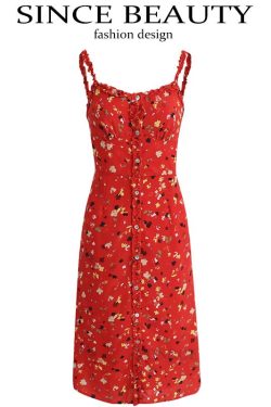 Floral Red Long Dress for Women - French-Style Summer Vacation Dress 2025, Celebrity-Inspired, Perfect for 90s and Y2K Fashion