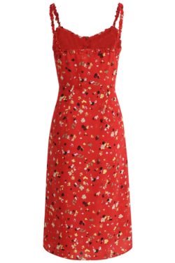 Floral Red Long Dress for Women - French-Style Summer Vacation Dress 2025, Celebrity-Inspired, Perfect for 90s and Y2K Fashion