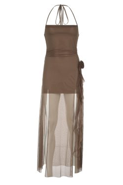 Floral Ribbon Split Hem Backless Halter Camisole Dress with Sheer Mesh Splicing - Y2K Inspired Long Skirt