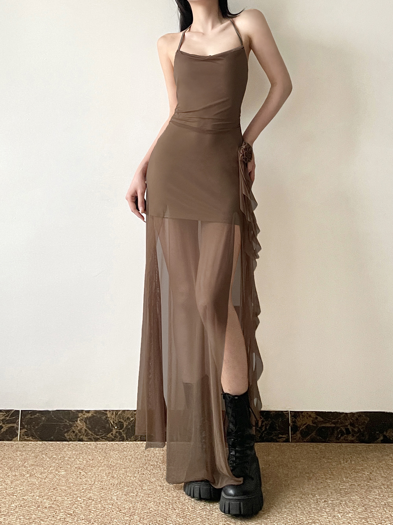 Floral Ribbon Split Hem Backless Halter Camisole Dress with Sheer Mesh Splicing - Y2K Inspired Long Skirt Floral Ribbon Split Hem Backless Halter Camisole Dress with Sheer Mesh Splicing - Y2K Inspired Long Skirt