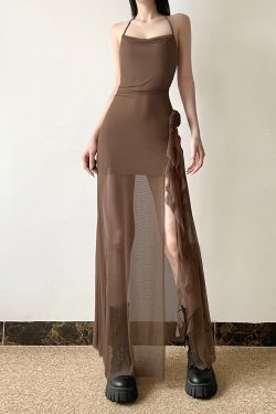 Floral Ribbon Split Hem Backless Halter Camisole Dress with Sheer Mesh Splicing - Y2K Inspired Long Skirt