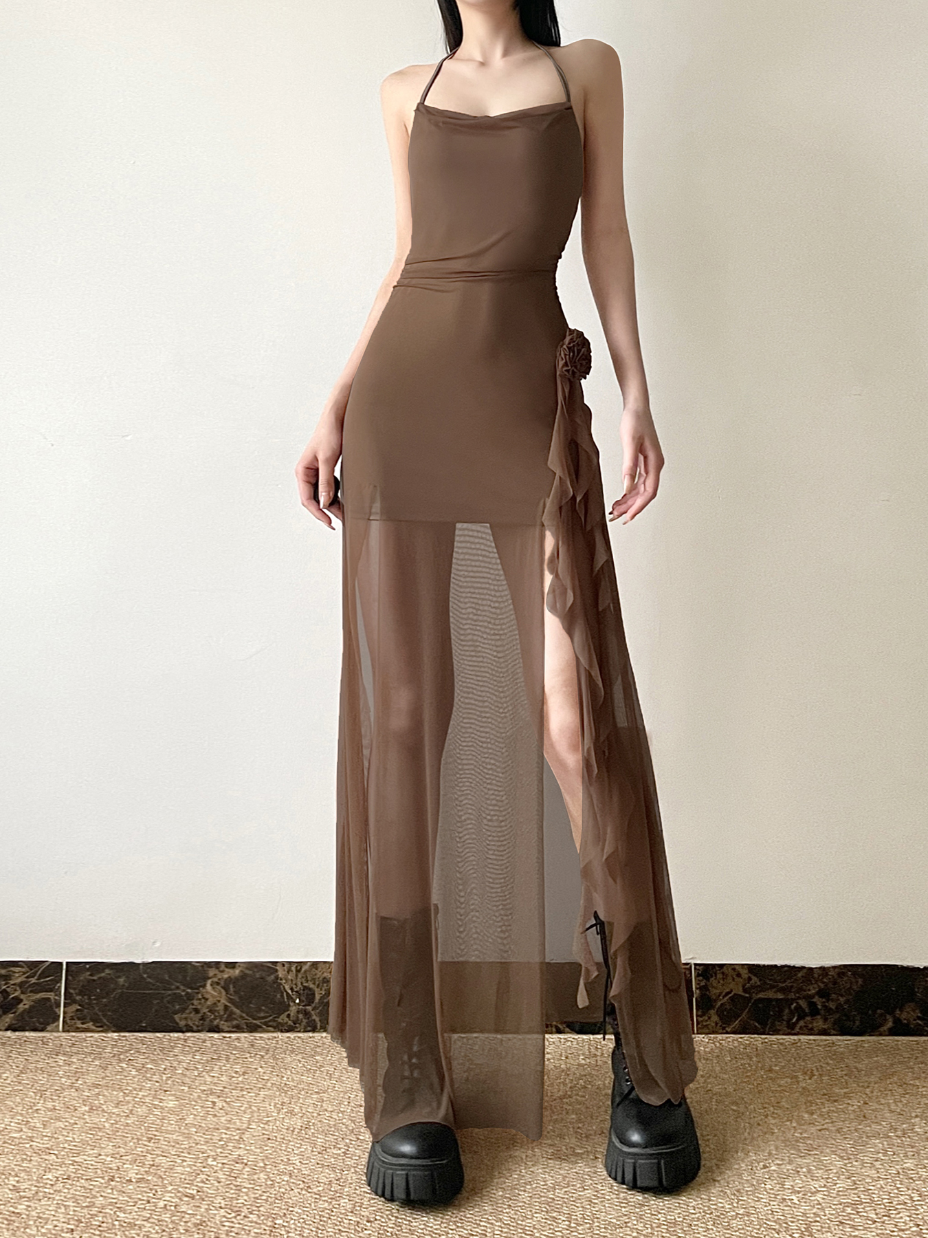 Floral Ribbon Split Hem Backless Halter Camisole Dress with Sheer Mesh Splicing - Y2K Inspired Long Skirt Floral Ribbon Split Hem Backless Halter Camisole Dress with Sheer Mesh Splicing - Y2K Inspired Long Skirt