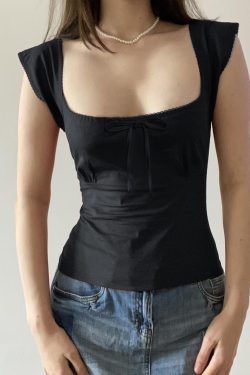 Floral Season Rose Women's Summer T-Shirt - Small Fly Sleeve, Low Square Neck, Butterfly Tie, Solid Color, Brightening Style