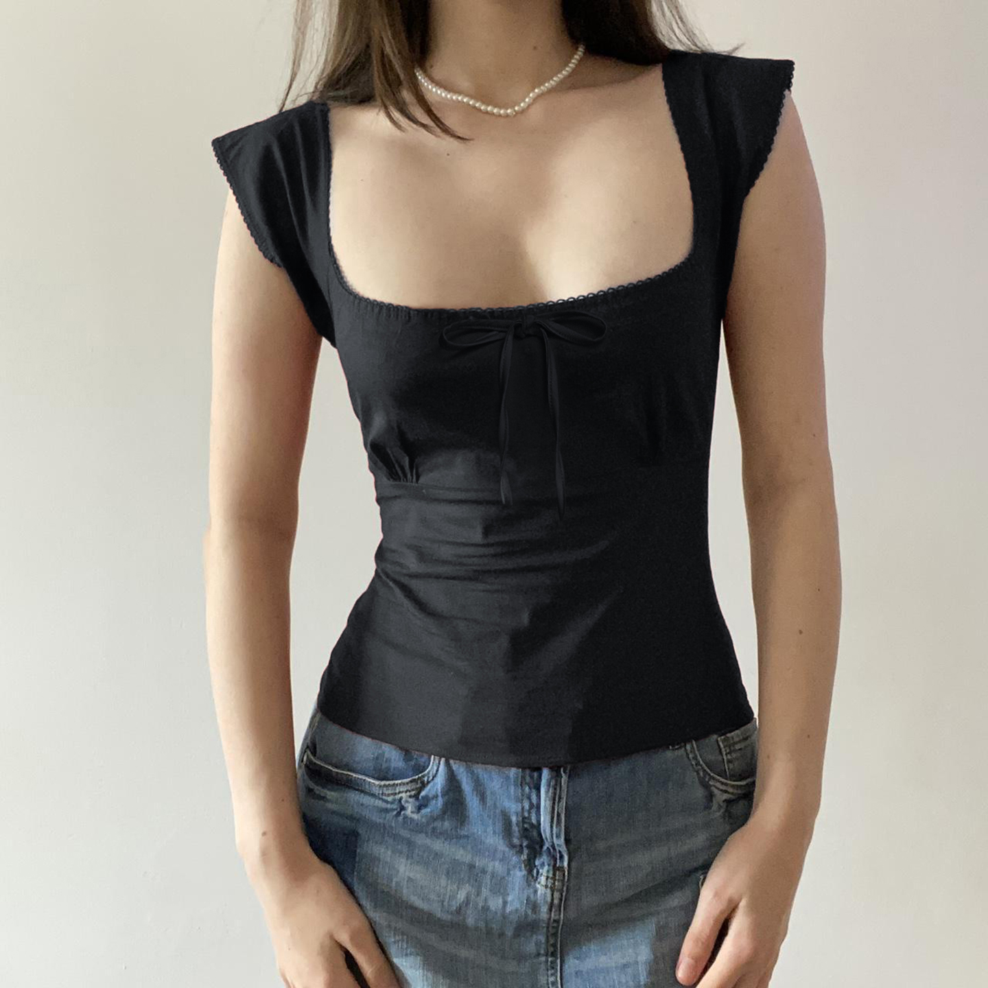 Floral Season Rose Women's Summer T-Shirt - Small Fly Sleeve, Low Square Neck, Butterfly Tie, Solid Color, Brightening Style Floral Season Rose Women's Summer T-Shirt - Small Fly Sleeve, Low Square Neck, Butterfly Tie, Solid Color, Brightening Style