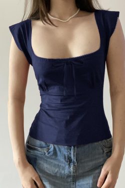 Floral Season Rose Women's Summer T-Shirt - Small Fly Sleeve, Low Square Neck, Butterfly Tie, Solid Color, Brightening Style