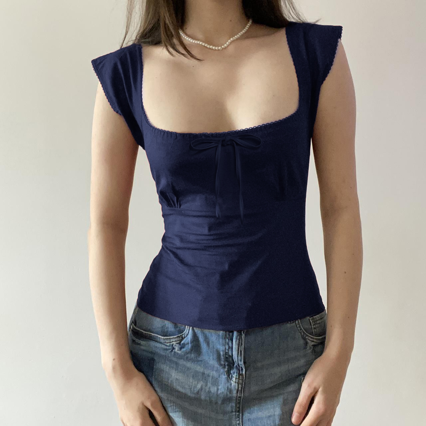 Floral Season Rose Women's Summer T-Shirt - Small Fly Sleeve, Low Square Neck, Butterfly Tie, Solid Color, Brightening Style Floral Season Rose Women's Summer T-Shirt - Small Fly Sleeve, Low Square Neck, Butterfly Tie, Solid Color, Brightening Style