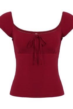 Floral Season Rose Women's Summer T-Shirt - Small Fly Sleeve, Low Square Neck, Butterfly Tie, Solid Color, Brightening Style