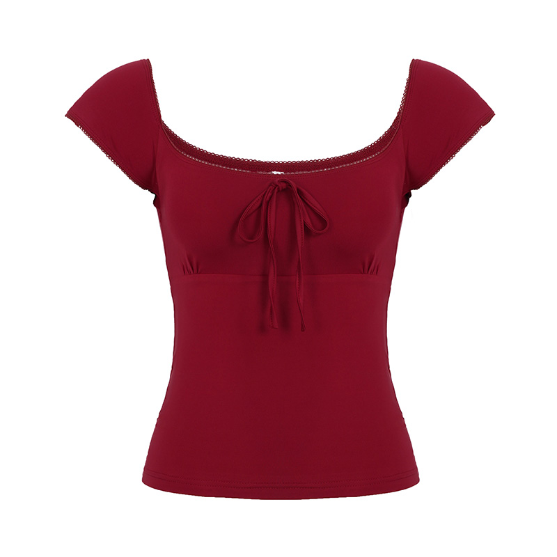 Floral Season Rose Women's Summer T-Shirt - Small Fly Sleeve, Low Square Neck, Butterfly Tie, Solid Color, Brightening Style Floral Season Rose Women's Summer T-Shirt - Small Fly Sleeve, Low Square Neck, Butterfly Tie, Solid Color, Brightening Style