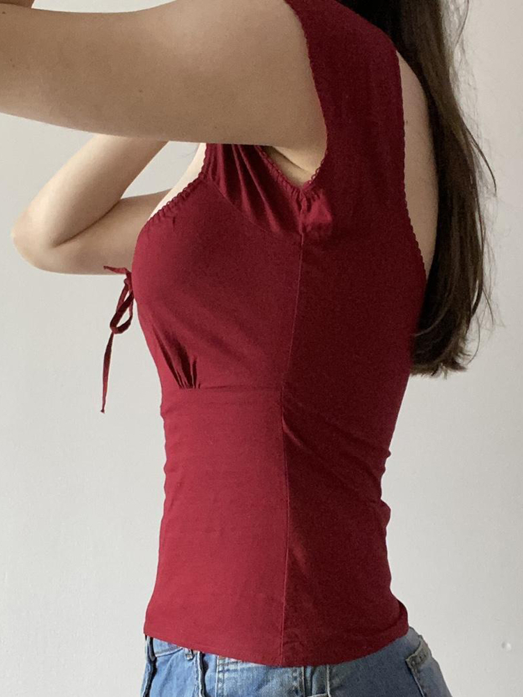 Floral Season Rose Women's Summer T-Shirt - Small Fly Sleeve, Low Square Neck, Butterfly Tie, Solid Color, Brightening Style Floral Season Rose Women's Summer T-Shirt - Small Fly Sleeve, Low Square Neck, Butterfly Tie, Solid Color, Brightening Style