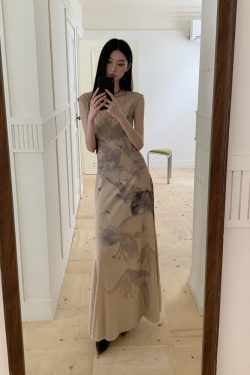 Floral Shadow Print Cotton Dress - Elegant Chinese Design for Spring & Summer - Perfect for 90s & Y2K Inspired Fashion