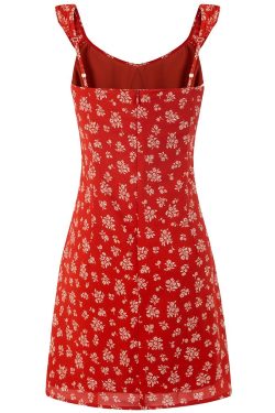 Floral Slimming Short Red Spaghetti Strap Dress - 2025 Summer French Vacation Style for Women, Perfect for Y2K and 90s Fashion Fans