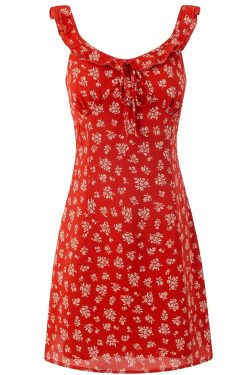Floral Slimming Short Red Spaghetti Strap Dress - 2025 Summer French Vacation Style for Women, Perfect for Y2K and 90s Fashion Fans