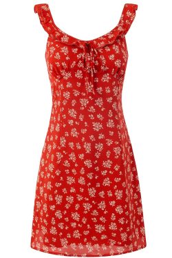 Floral Slimming Short Red Spaghetti Strap Dress - 2025 Summer French Vacation Style for Women, Perfect for Y2K and 90s Fashion Fans