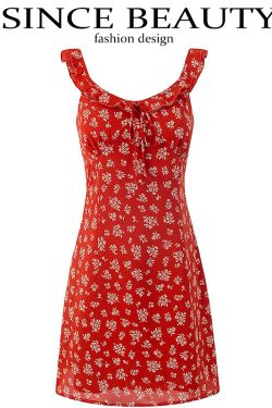 Floral Slimming Short Red Spaghetti Strap Dress - 2025 Summer French Vacation Style for Women, Perfect for Y2K and 90s Fashion Fans