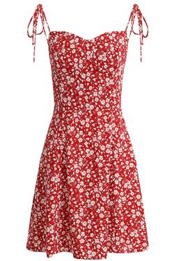 Floral Spaghetti Strap Short Red Dress - French Style Summer Dress 2025 for Women - Vacation Ready Fashion
