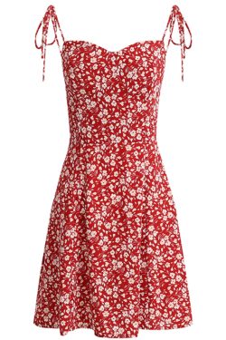 Floral Spaghetti Strap Short Red Dress - French Style Summer Dress 2025 for Women - Vacation Ready Fashion