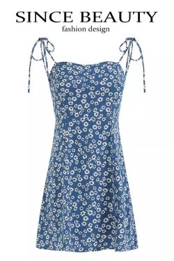 Floral Spaghetti Strap Vacation Mini Dress for Women - Petite Blue 2025 Summer French Style