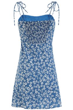 Floral Spaghetti Strap Vacation Mini Dress for Women - Petite Blue 2025 Summer French Style