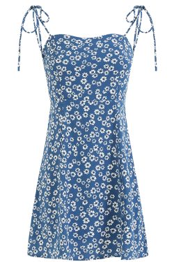 Floral Spaghetti Strap Vacation Mini Dress for Women - Petite Blue 2025 Summer French Style