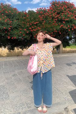 Floral Star Dots Shoulder Cross Strap Short Sleeve Shirt Women's Summer Loose Doll Top - Vintage 90s Style Fashion