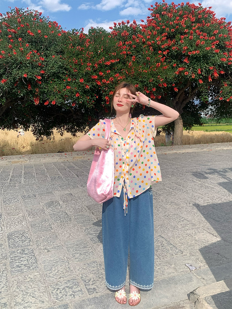 Floral Star Dots Shoulder Cross Strap Short Sleeve Shirt Women's Summer Loose Doll Top - Vintage 90s Style Fashion Floral Star Dots Shoulder Cross Strap Short Sleeve Shirt Women's Summer Loose Doll Top - Vintage 90s Style Fashion