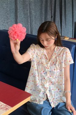 Floral Star Dots Shoulder Cross Strap Short Sleeve Shirt Women's Summer Loose Doll Top - Vintage 90s Style Fashion