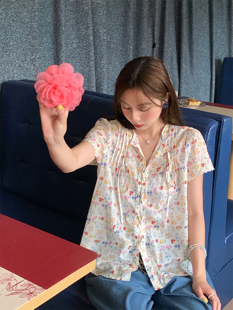 Floral Star Dots Shoulder Cross Strap Short Sleeve Shirt Women's Summer Loose Doll Top - Vintage 90s Style Fashion Floral Star Dots Shoulder Cross Strap Short Sleeve Shirt Women's Summer Loose Doll Top - Vintage 90s Style Fashion