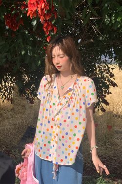 Floral Star Dots Shoulder Cross Strap Short Sleeve Shirt Women's Summer Loose Doll Top - Vintage 90s Style Fashion