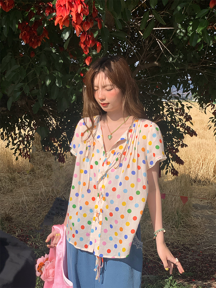 Floral Star Dots Shoulder Cross Strap Short Sleeve Shirt Women's Summer Loose Doll Top - Vintage 90s Style Fashion Floral Star Dots Shoulder Cross Strap Short Sleeve Shirt Women's Summer Loose Doll Top - Vintage 90s Style Fashion