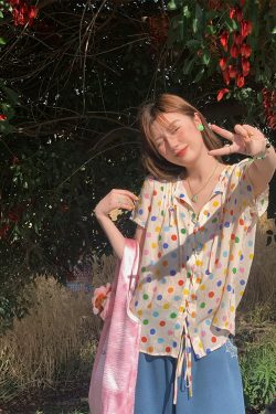 Floral Star Dots Shoulder Cross Strap Short Sleeve Shirt Women's Summer Loose Doll Top - Vintage 90s Style Fashion