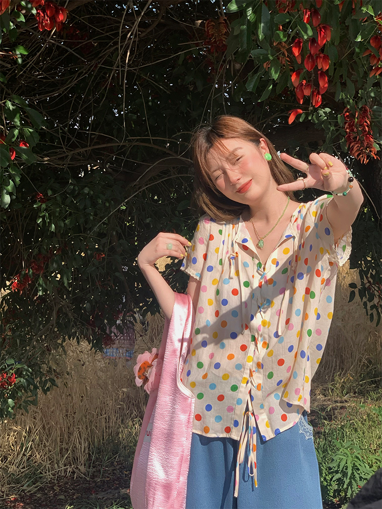 Floral Star Dots Shoulder Cross Strap Short Sleeve Shirt Women's Summer Loose Doll Top - Vintage 90s Style Fashion Floral Star Dots Shoulder Cross Strap Short Sleeve Shirt Women's Summer Loose Doll Top - Vintage 90s Style Fashion