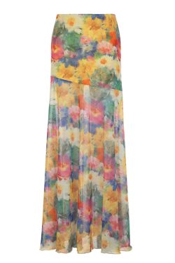 Floral Tulle Midi Skirt for Women - Draped Pleated Fishtail Design, Monet Flower Pavilion Inspired, Perfect for Holidays and Special Occasions