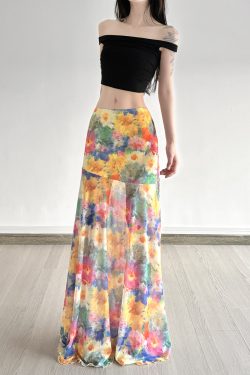 Floral Tulle Midi Skirt for Women - Draped Pleated Fishtail Design, Monet Flower Pavilion Inspired, Perfect for Holidays and Special Occasions