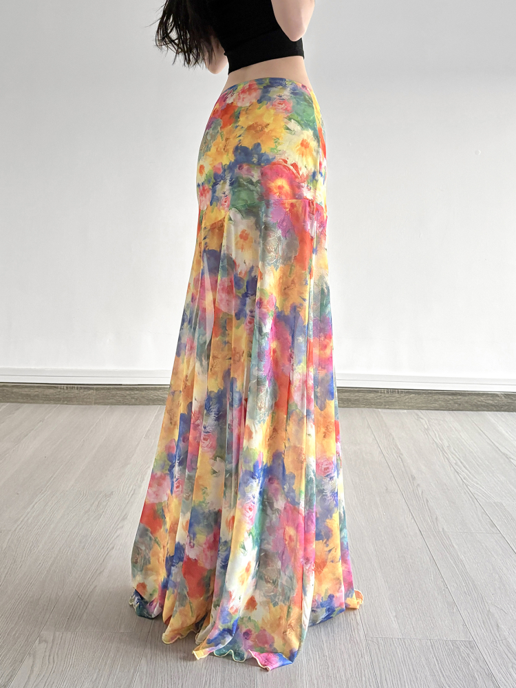Floral Tulle Midi Skirt for Women - Draped Pleated Fishtail Design, Monet Flower Pavilion Inspired, Perfect for Holidays and Special Occasions Floral Tulle Midi Skirt for Women - Draped Pleated Fishtail Design, Monet Flower Pavilion Inspired, Perfect for Holidays and Special Occasions