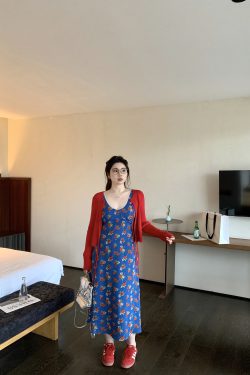 Florence Blue Vintage Floral Sleeveless Dress with V-Neck and Organza Waist-Defined Design - Perfect for 90s and Y2K Style Events