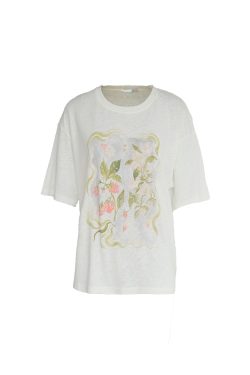 Flower Wish Berry Print White Linen Bamboo Short Sleeve T-Shirt for Women - Summer Loose Fit Vintage Style Top